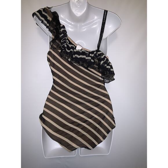 Jean Paul Gaultier Soleil Swimsuit 44 One Piece Mesh Striped Vintage - Picture 4 of 8